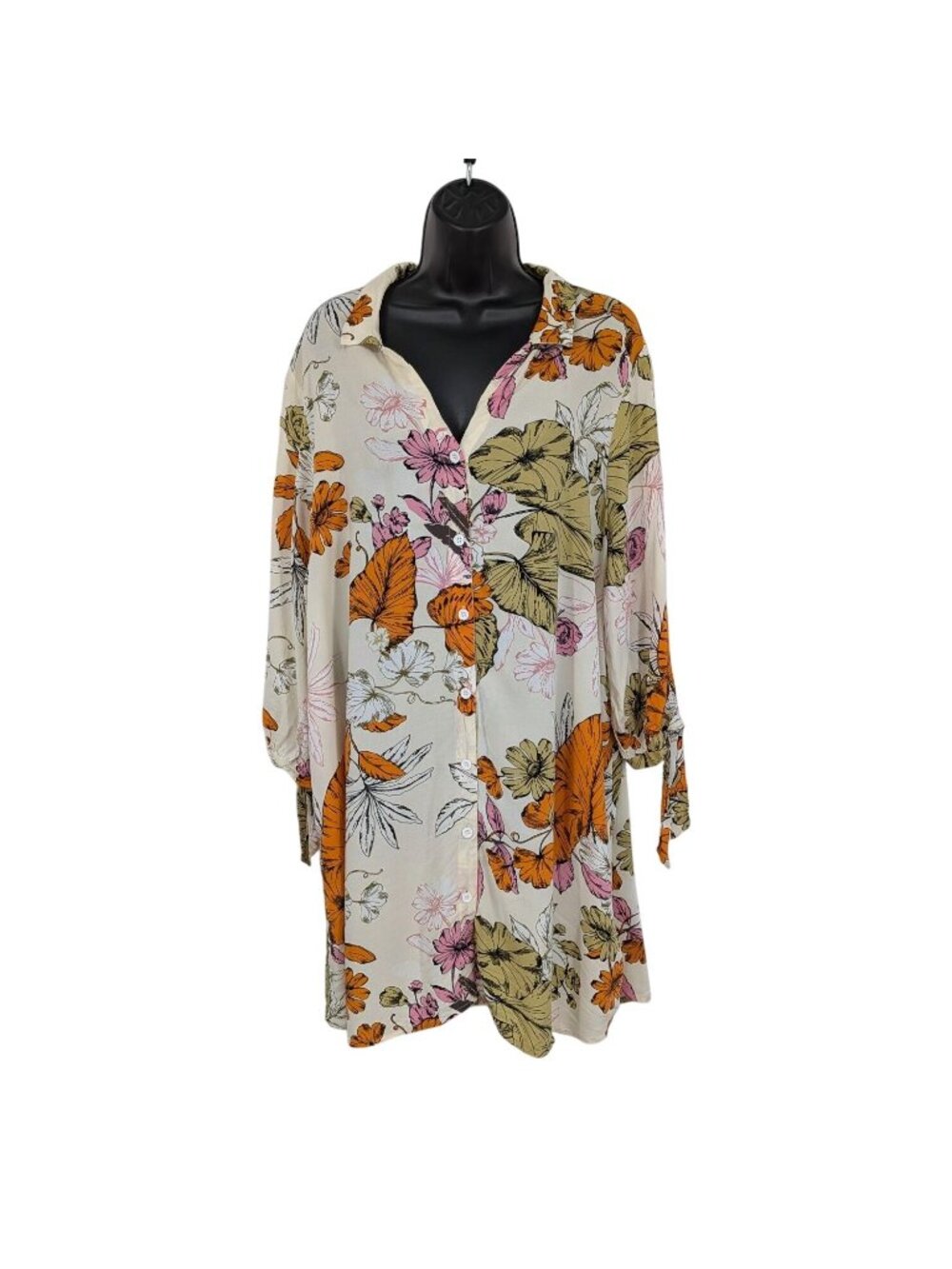 Floral Button Up Shirt Dress Tunic Lightweight Resort Vacation Coastal XLarge